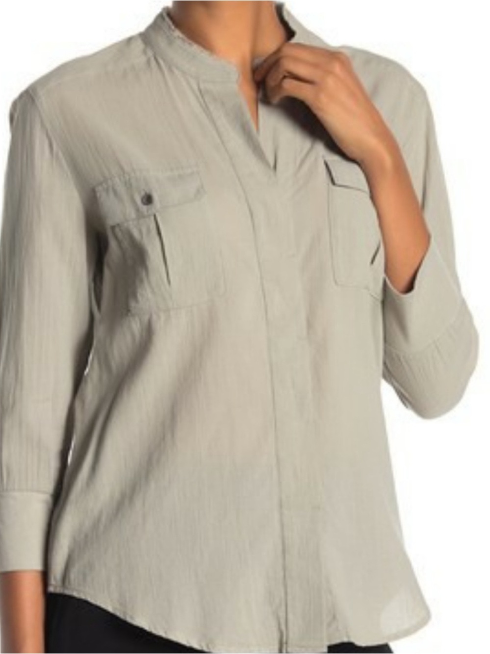 James Perse Los Angeles Light Gray Split-Neck Utility Blouse - Women's Top